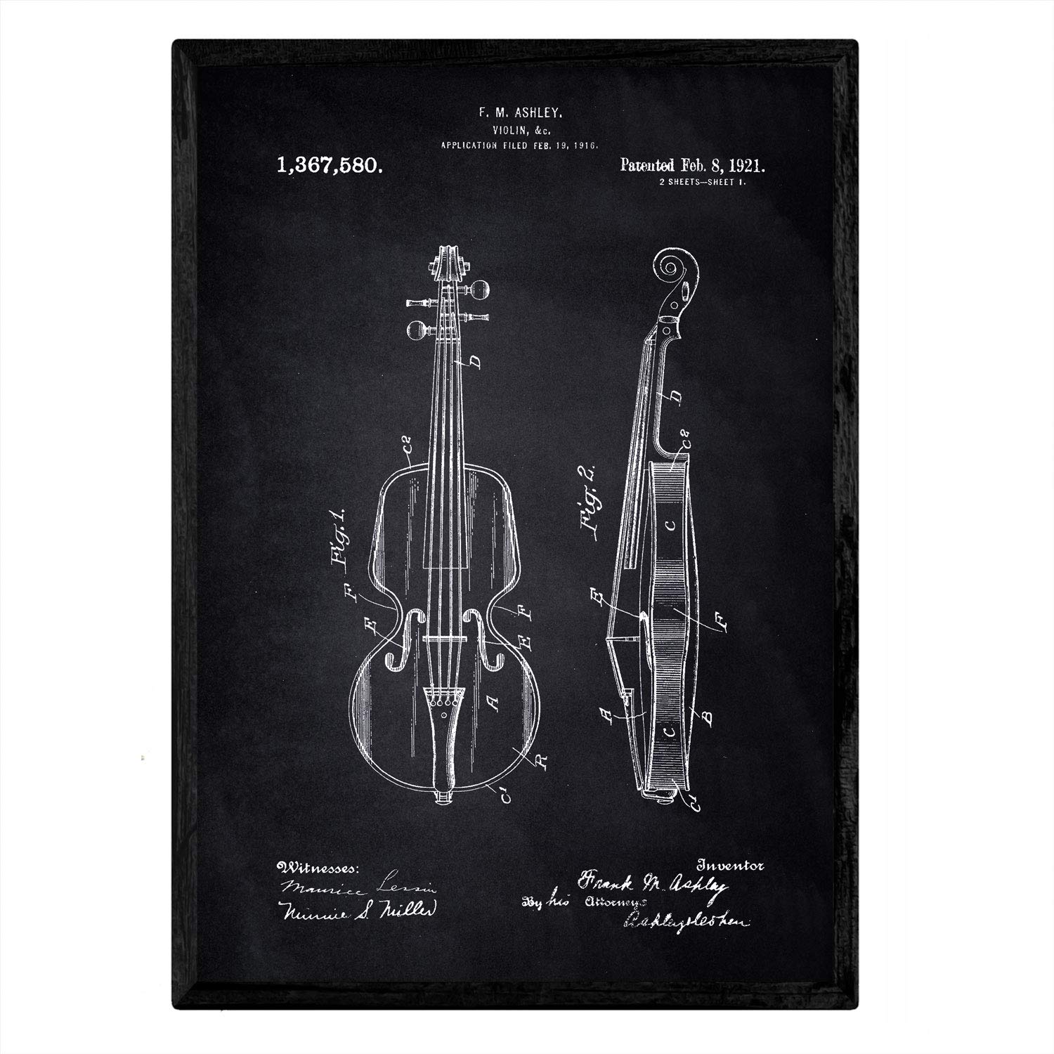Nacnic Poster patent Violin. Sheet with old design patent A3 size with black background