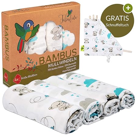 Tabalino ? Traumhaft Weiche Bambus Mullwindeln Spucktücher für dein Baby ? 80x80cm ? 4er-Pack mit Schmusetuch ? Mulltücher Ju