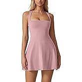 QINSEN Sleeveless Sport Dress for Women Summer Square Neck Backless Workout Tennis Dress Pink S