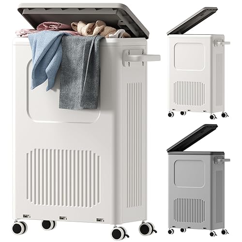 HAIXIN Plastic Laundry Basket with Lid - 50L Washing Basket with Wheels and Handle, Slim Dirty Clothes Basket 1 Pack, Large Laundry Hamper, Laundry Bin for Bathroom Bedroom Narrow Storage(Milk Grey)