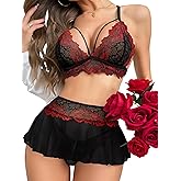 Foxiny Sexy Mini Skirt with Thong Floral Lace Sheer Bralette Lingerie Set 3 Piece Otufits