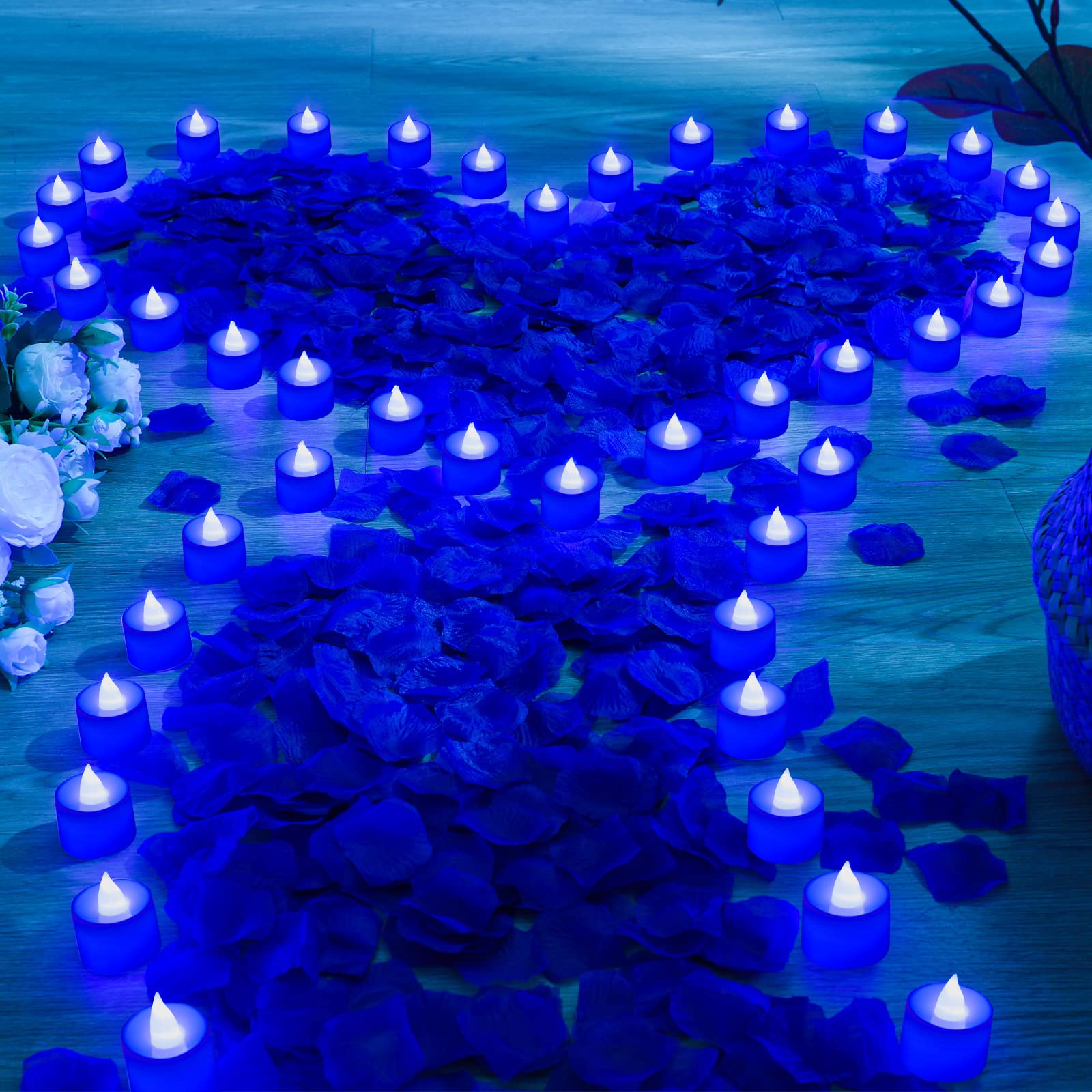 Photo 1 of Coume 6000 Pcs Artificial Rose Petals with 72 Pcs Flameless LED Candles Romantic Decorations Fake Candles Anniversary Decorations for Valentine's Day Wedding Night(Blue)