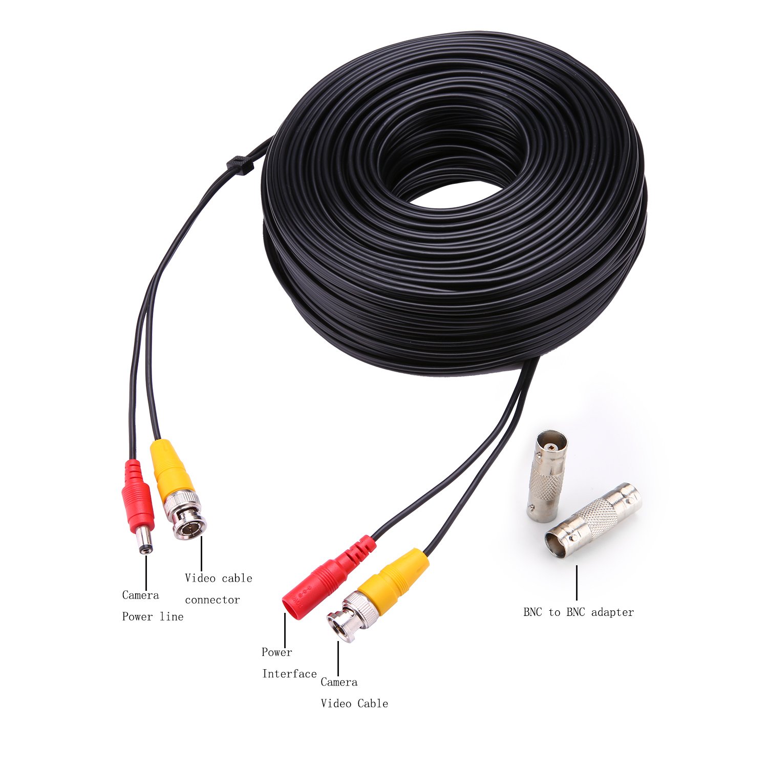 WILDHD 200ft Bnc Cable All-in-One Siamese Video and Power Security Camera Cable, Extension Wire Cord with 2 Female Connectors for All Max 5MP HD CCTV DVR Surveillance System (200ft Cable, Black)
