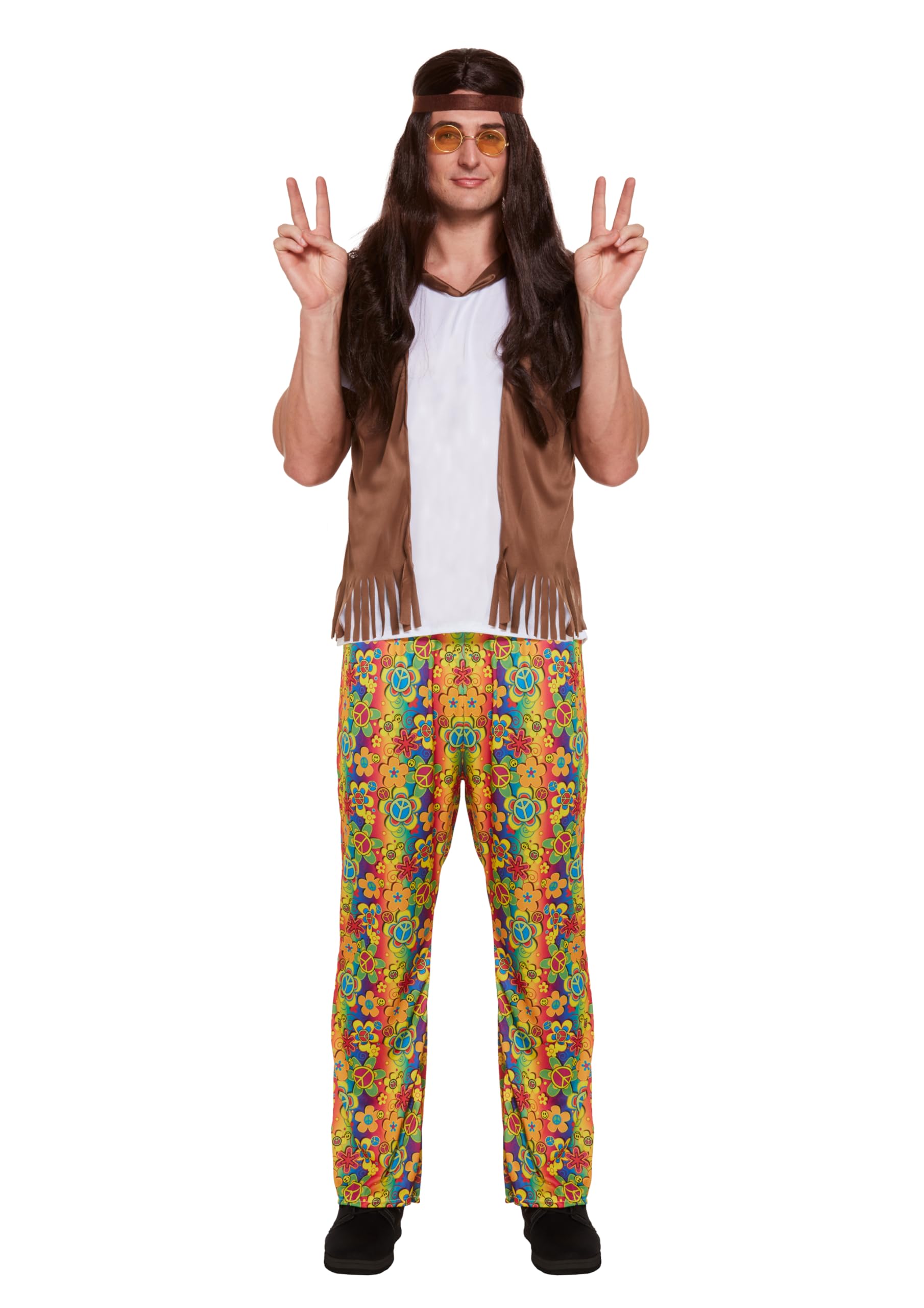 HENBRANDT Adult Hippie Fancy Dress Costume - Retro 60s 70s Peace Groovy Outfit with Headscarf, Trousers, Vest Top - Perfect for Festivals, Theme Parties, Halloween
