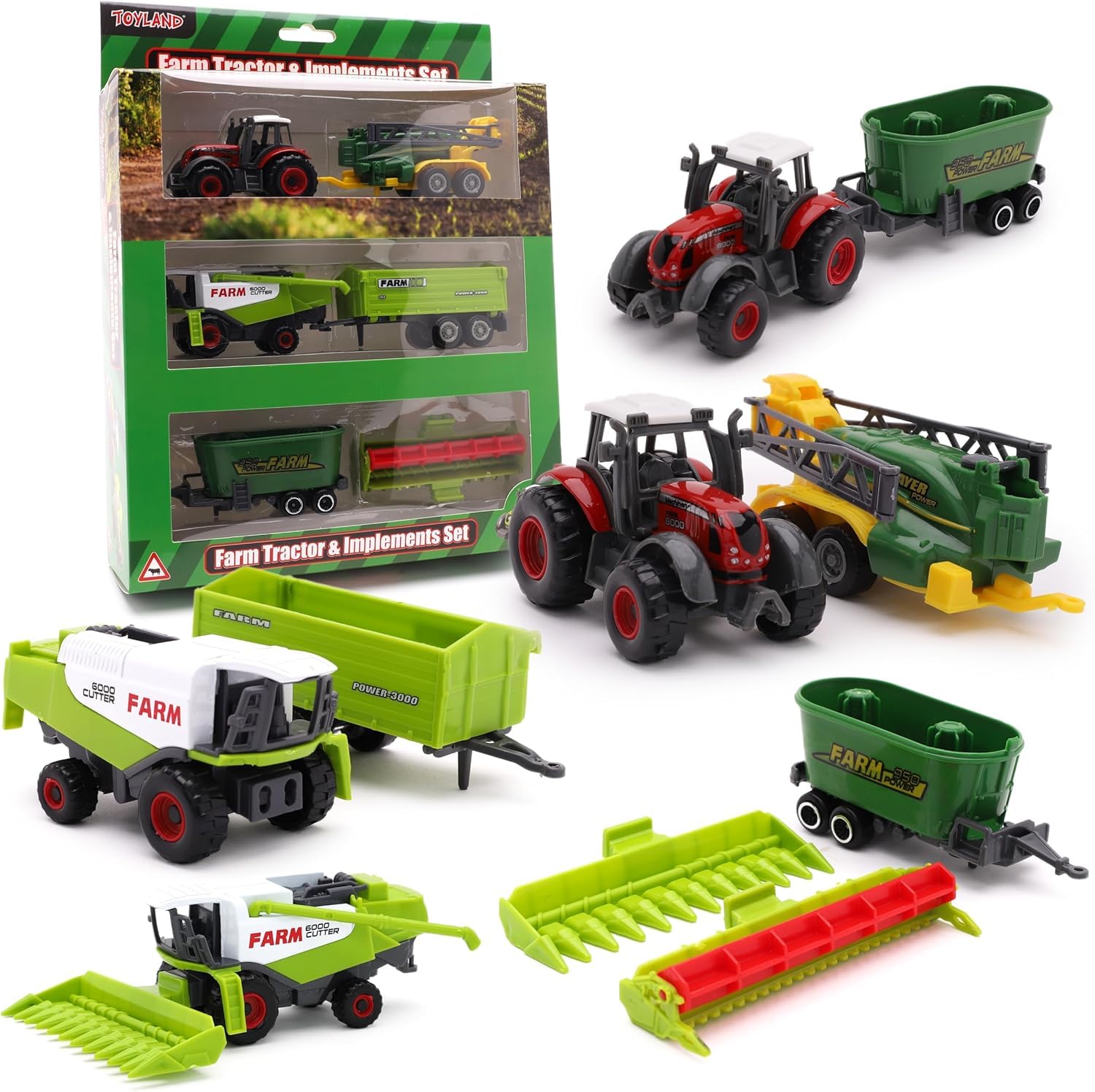 Toyland® Pack of 6 Die Cast Metal Farm Tractor & Implements Set - Approx. 5cm - 4 Assorted Designs - 1 Chosen at Random