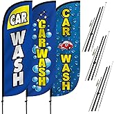 LookOurWay 5-Feet Tall Car Wash Themed Feather Flag Banner for Business Advertising 3-Pack, Includes 3 Banner Flags, 3 Aluminum Fiberglass Pole Sets, Bubbles, Water Drip)