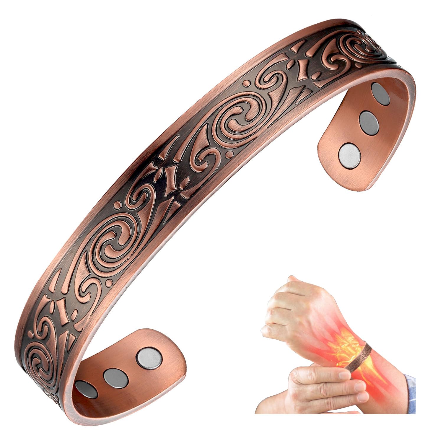 MagEnergy 99.9% Pure Copper Magnetic Bracelet with 6 Powerful Magnets, Cuff Bangle with Jewelry Gift Box (Copper)