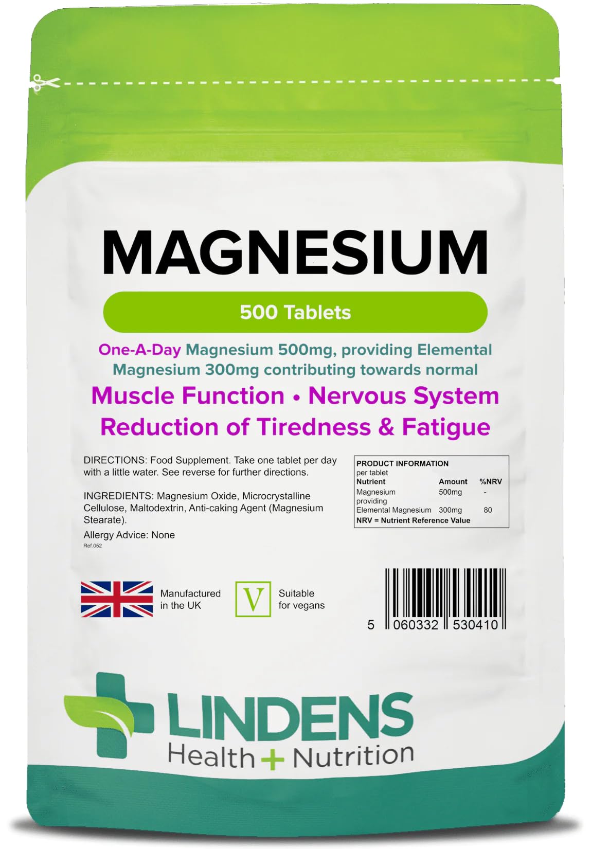 Lindens - Magnesium 500mg - 500 Tablets - UK Made, Reduces Tiredness & Fatigue, Supports Muscle & Nervous System Function - Bones & Teeth Health - Vegan, GMP & Letterbox Friendly