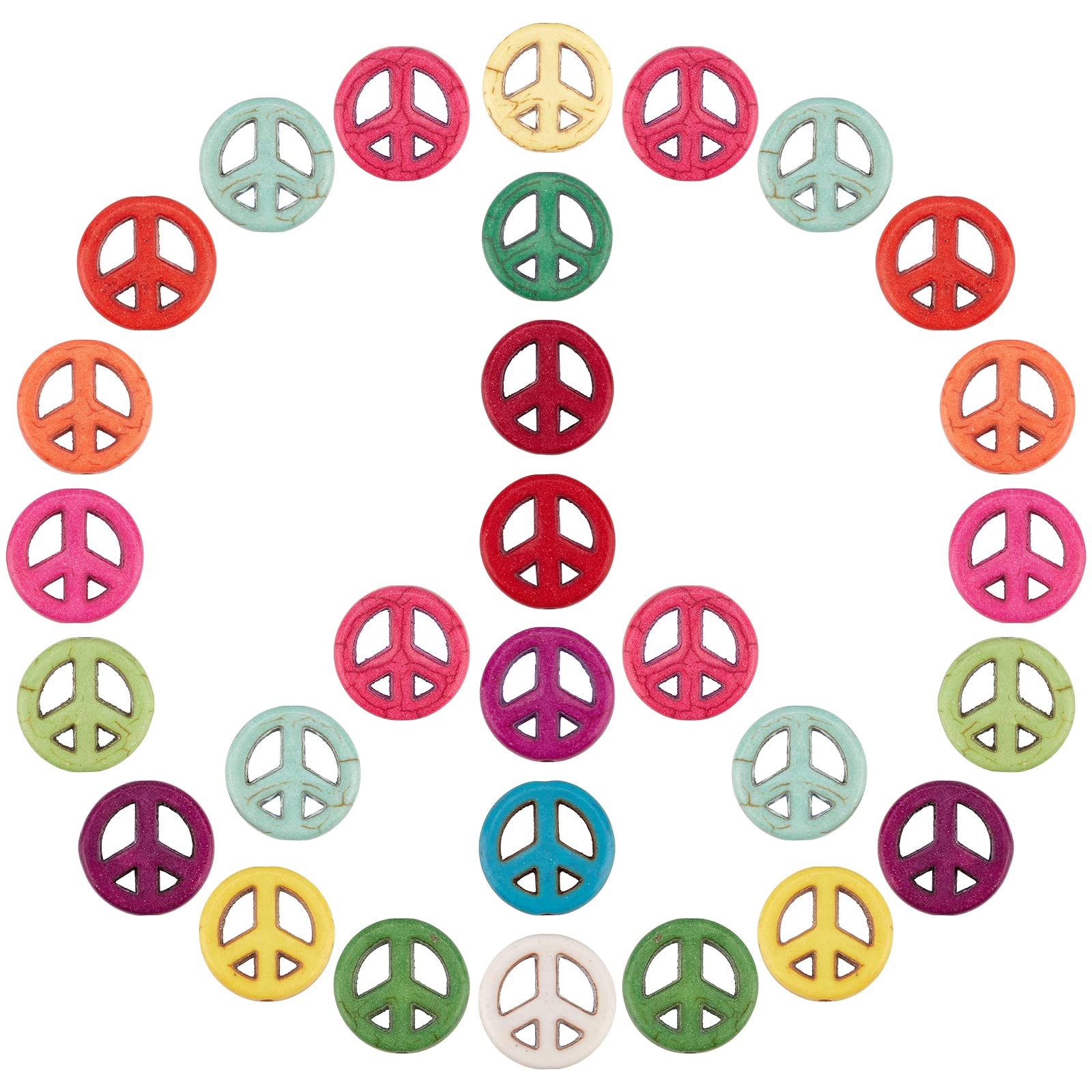 SUNNYCLUE 1 Box 100Pcs Peace Sign Beads Bulk Colorful Synthetic Turquoise Bead Charms Flat Round Carved Hollow Elastic Thread for DIY Bracelets Crafts Jewelry Making Supplies, Mixed Colors