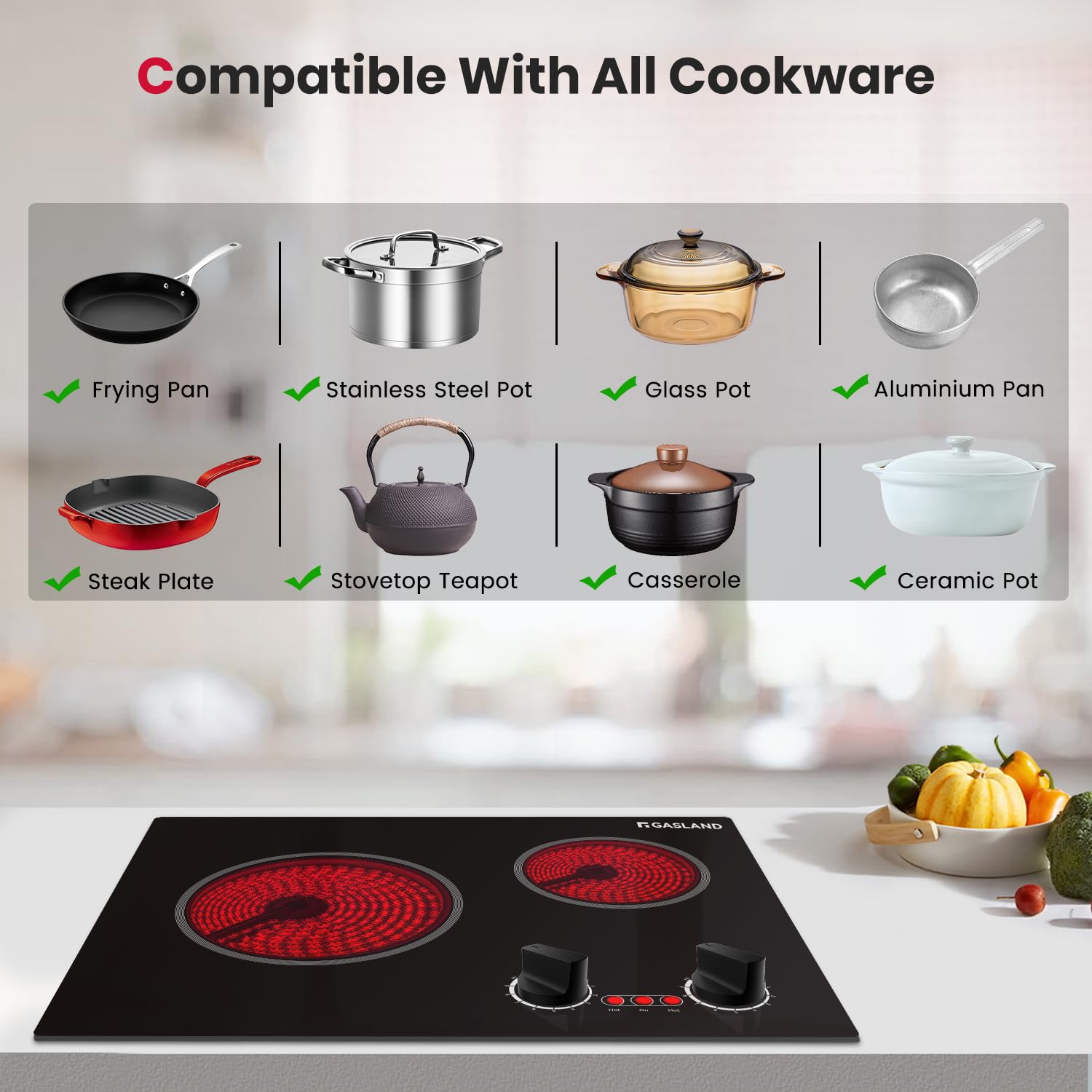 GASLAND Apartment Electric Cooktop 2 Burners, 21 Inch Built in Radiant Glass Stove Top, UL Certified, 3700W Ceramic Electric Stovetop, 9 Heating Levels, Knobs Control, Instant Heating Up, 240V