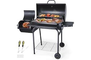 Charcoal Grill with Offset Smoker, Joyfair Large Barrel BBQ Grill with 770Sq.In. Cooking Space for 8-10 People Outdoor Camping/Backyard Cooking, Heavy Gauge Steel & Adjustable 3 levels charcoal pan