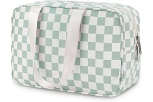 Narwey Large Checkered Travel Toiletry Bag Women Toiletries Bag Skincare Bag Makeup Bag with Handle Make up bag Organizer Cosmetic Bag Medicine Bag for Girls (Mint Green Checkerboard, Large)