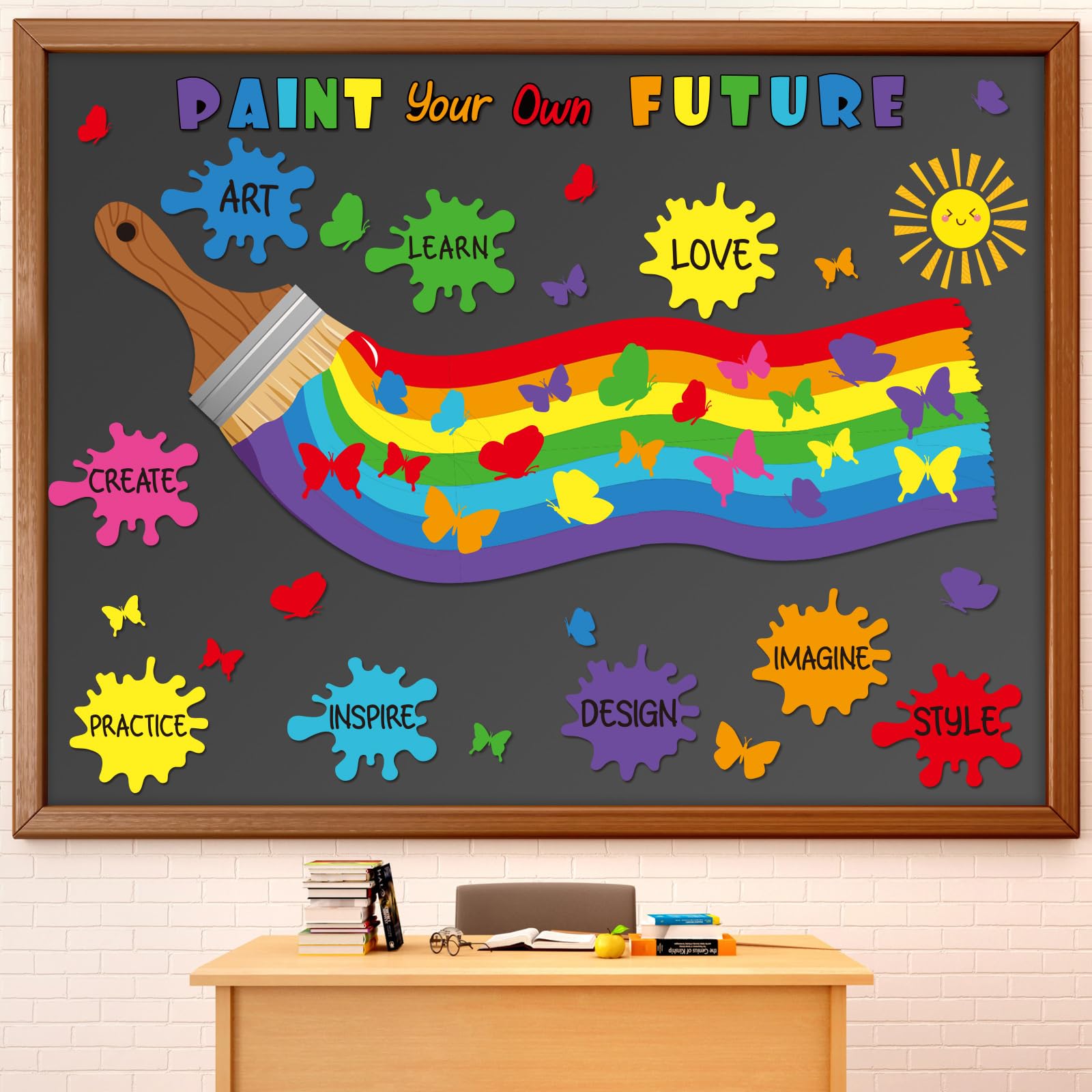 Photo 1 of Weekgrat 52 Pcs Art Classroom Bulletin Board Decorations Paint Splatter Art Painting Cutouts Back to School Bulletin Board Set Paint Your Own Future with Rainbow Butterfly Sun Cutouts Classroom Decor