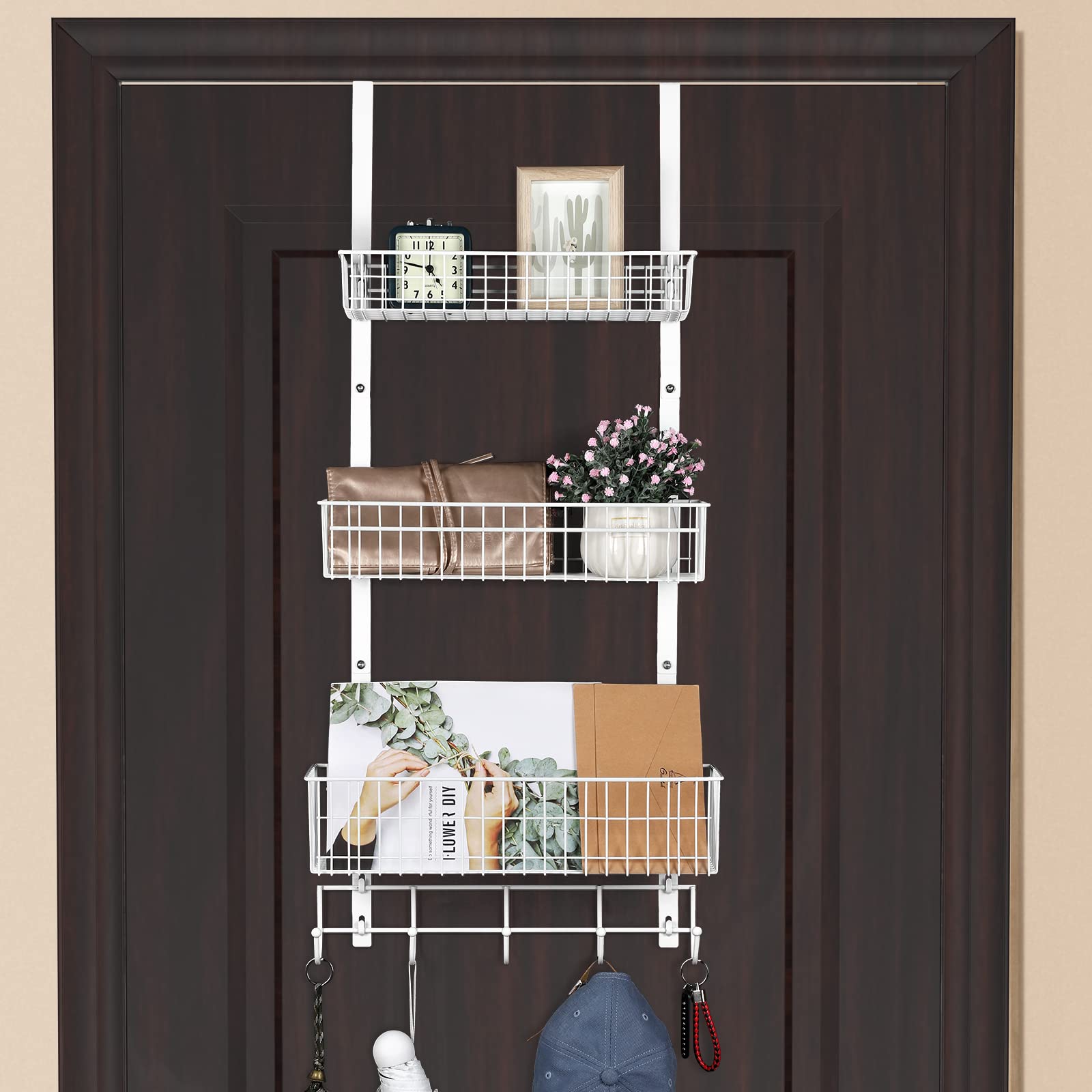 Photo 1 of ETELI Over The Door Basket Organizer with 3 Mesh Baskets and 5 Hooks Heavy Duty Pantry Door Organizer Back of Door Storage Rack for Bathroom, Kitchen, Office, White