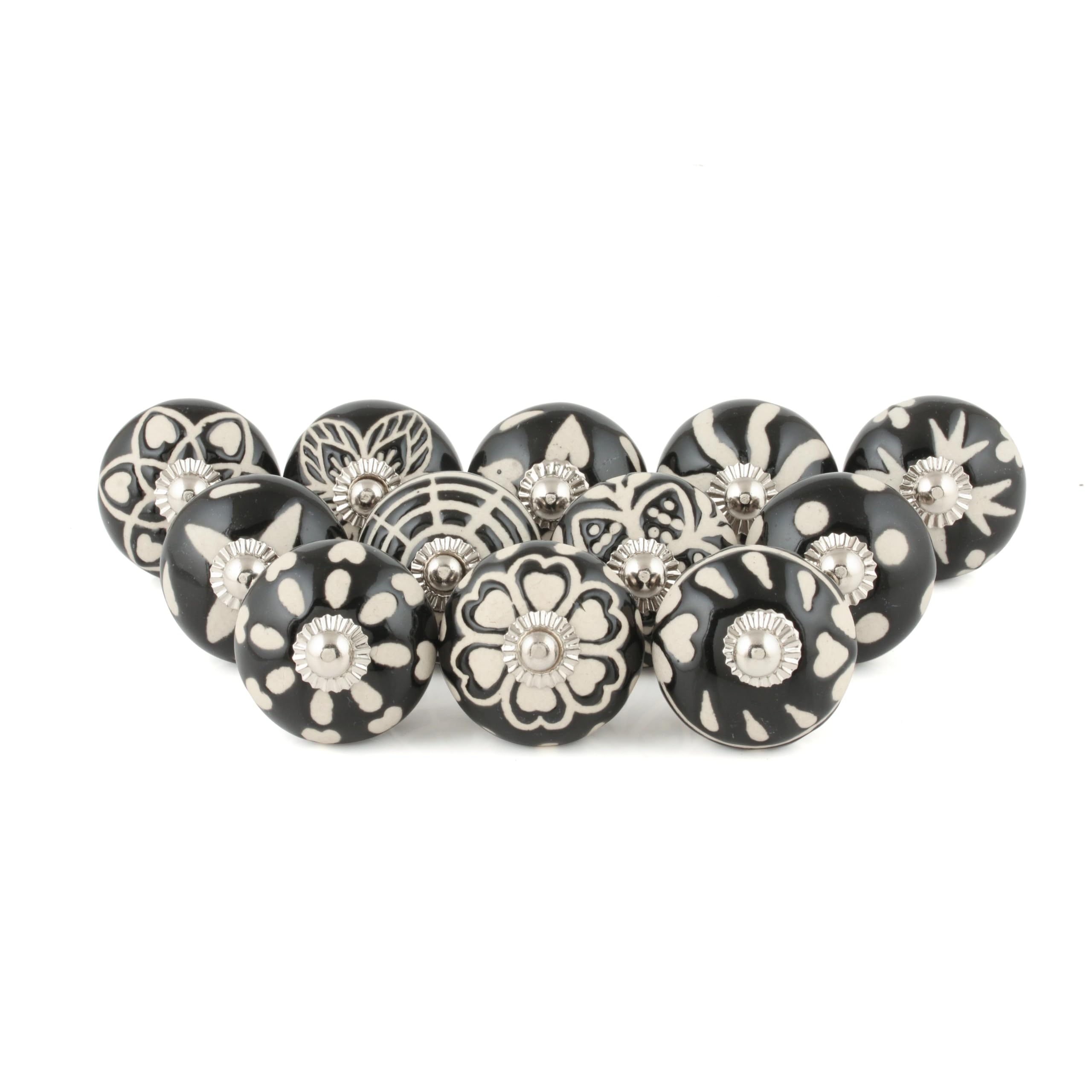 Rasiya Art Ceramic Black and White Knobs - Boho Knobs for Cupboards Door Cabinet and Drawer - Decorative Hand Painted Ceramic Round Pull Handles for Home Decor - Pack of 12