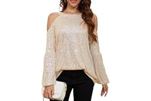 HWSFYES Sequin Tops for Women Sequin Halter Tops Balloon Long Sleeve Sparkly Glitter Shirts Sequin Blouse for Party Disco