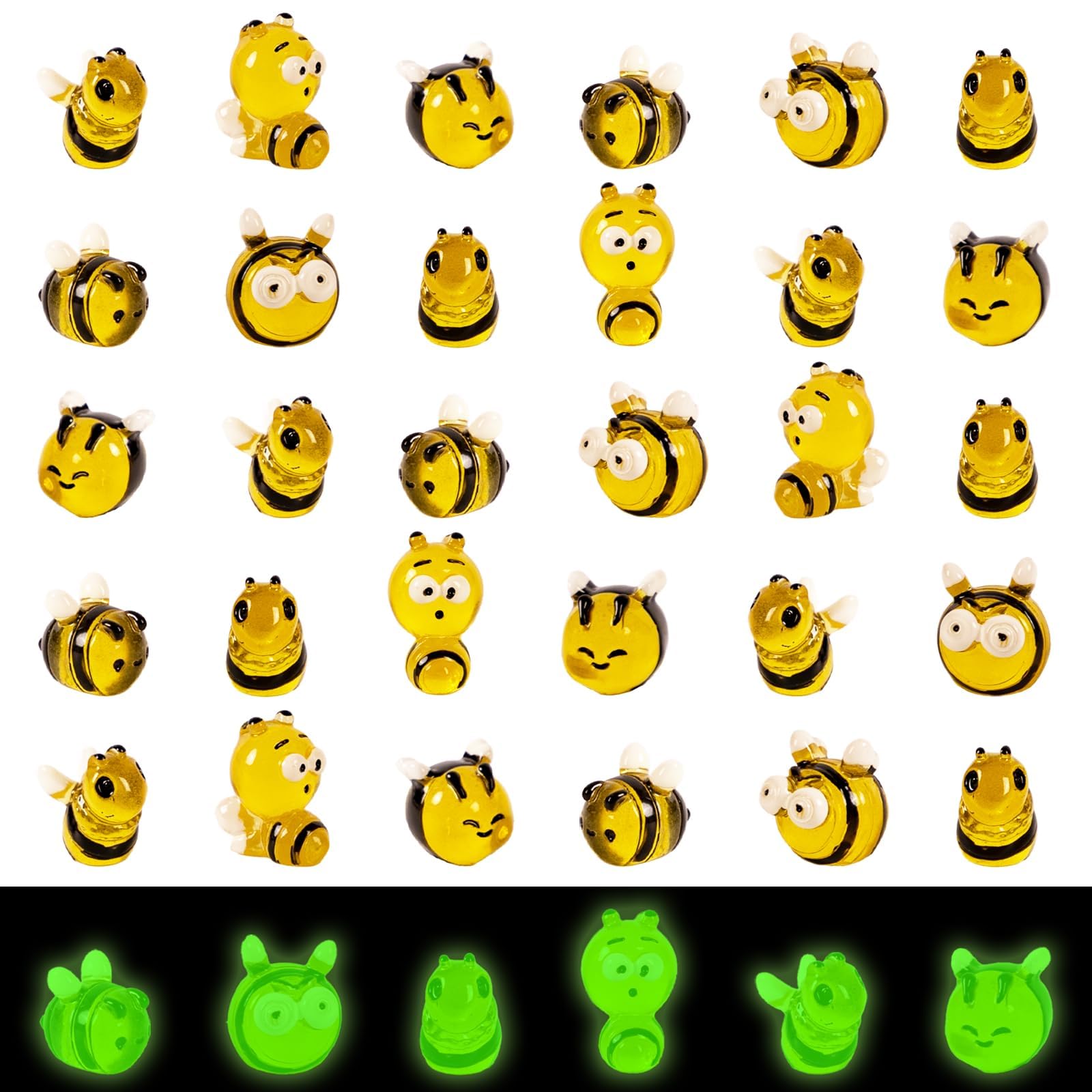 FEXIA 30pcs Mini Resin Bees Tiny Figures Glow in The Dark Tiny Craft Bees for Aquariums Dollhouses Garden Landscape Birthday Party Table Decoration