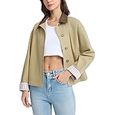 D-Sun Cropped Trench Coat Women Single Breasted Contrast Collar Oversized Casual Jacket with Checkered Lining