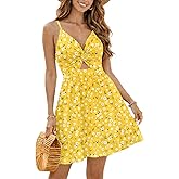 IHOT Women's Summer Floral Sundress V Neck Spaghetti Strap Twist Front Cutout A-Line Ruffle Hem Casual Beach Vacation Dress