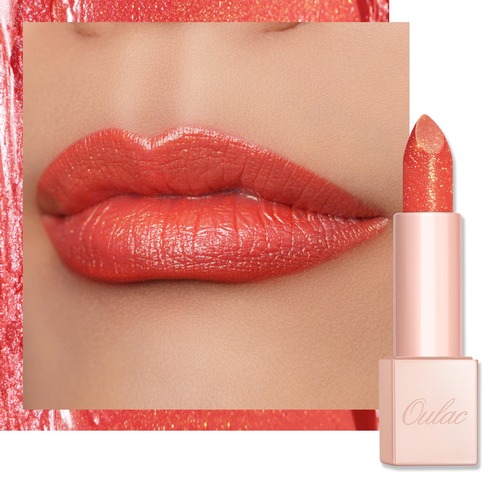 Oulac Coral Red Shimmer Lipstick for Women-Moisture Tinted Lip Balm for Dry Lips, Glitter Surface, Creamy Formula, Hydrating & Smooth, Infused with Shea Butter, Vegan, Clean Beauty (PG04) Sunrise