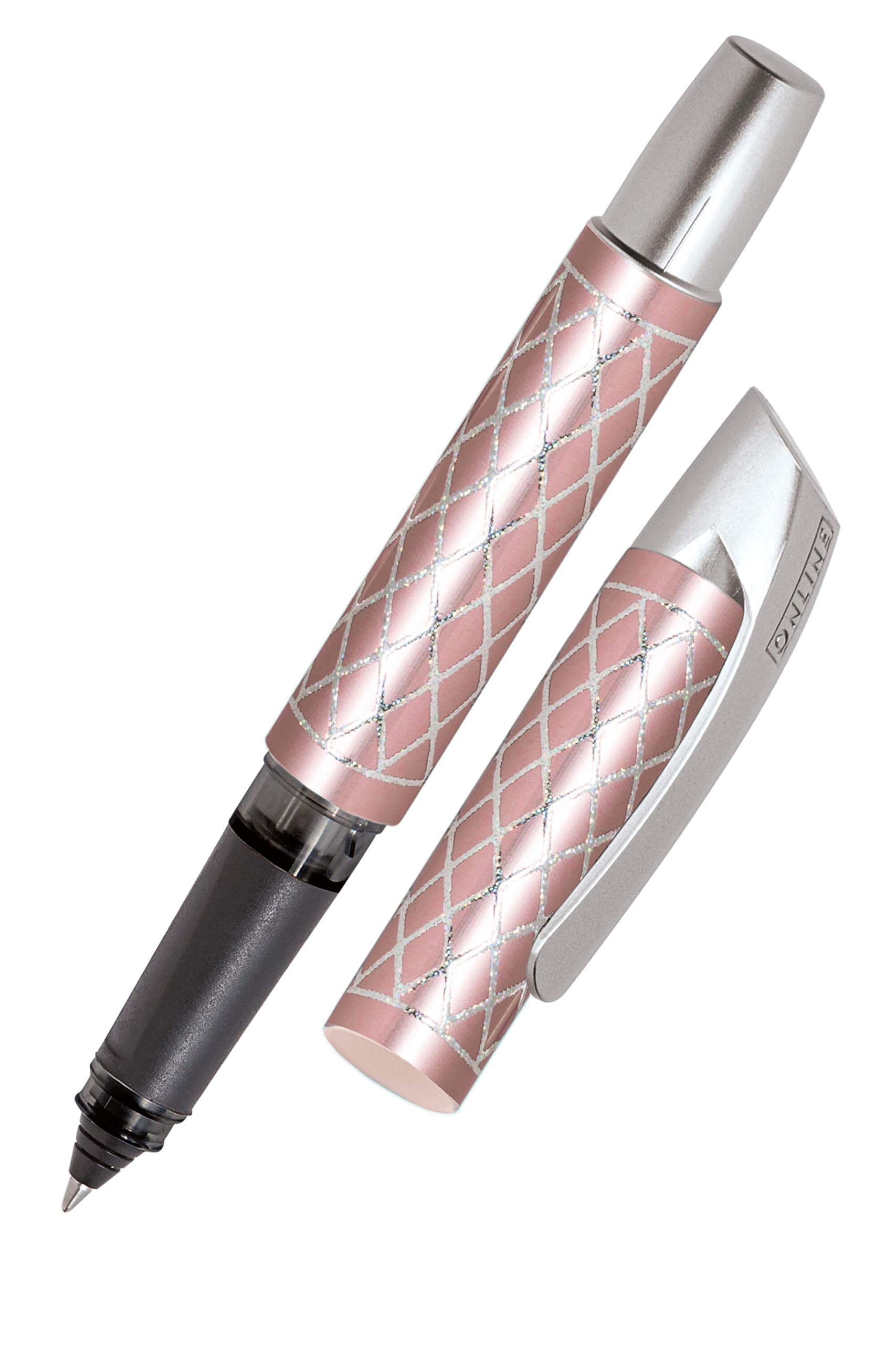 Online Ergonomic Rollerball for School/College - Campus Diamond Rose - for Left- and Right-Handed, Soft Grip Part, for Standard Ink cartridges, refillable, Ideal for Beginners/Pupils/Students,61408/3D