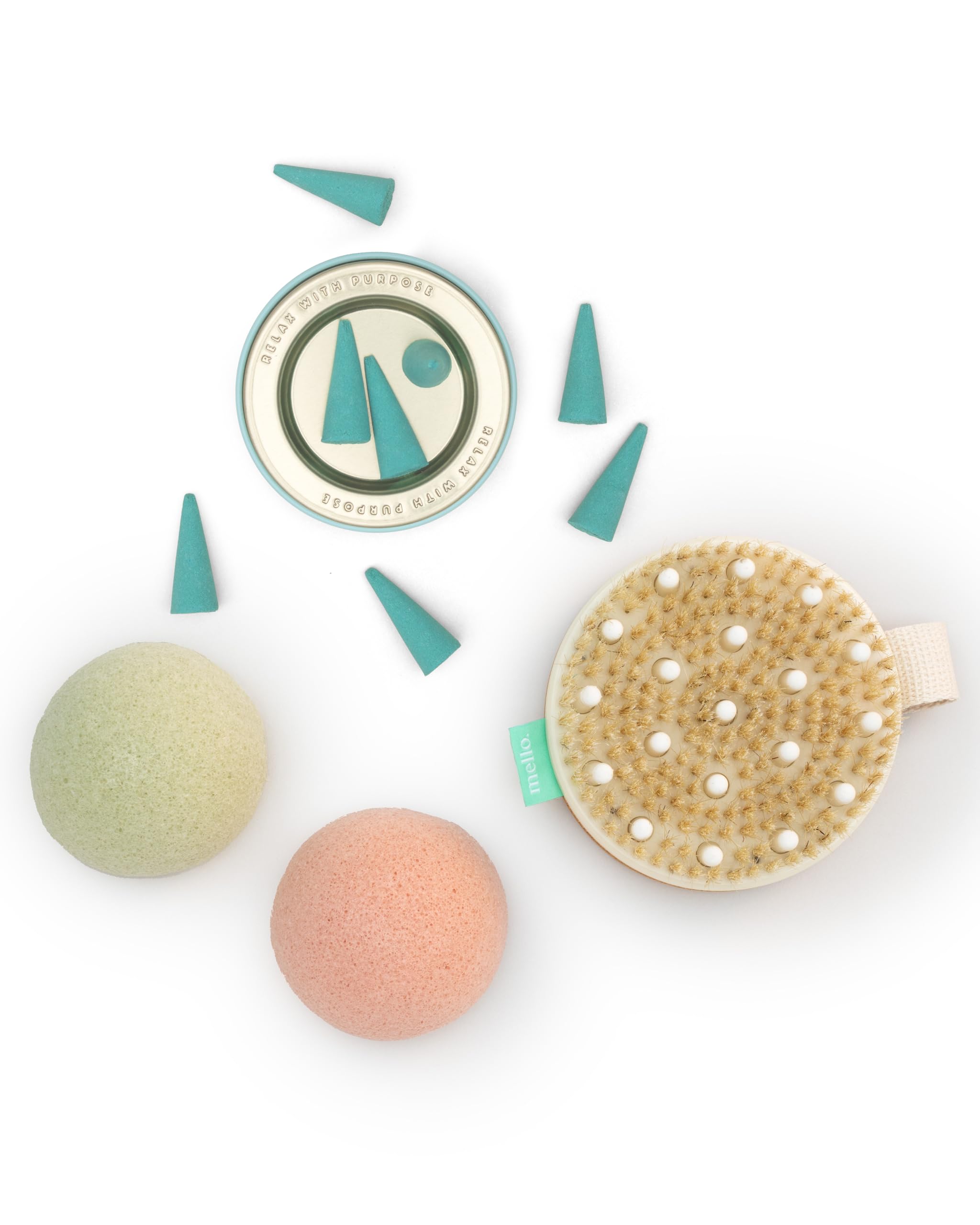 Mello Bath Accessories Deep Soak | Self Care Gifts For Women | Pamper Gifts For Women & Relaxation Gifts For Women | Bathing Accessories Includes Konjac Sponge, Incense Cones & Exfoliating Brush