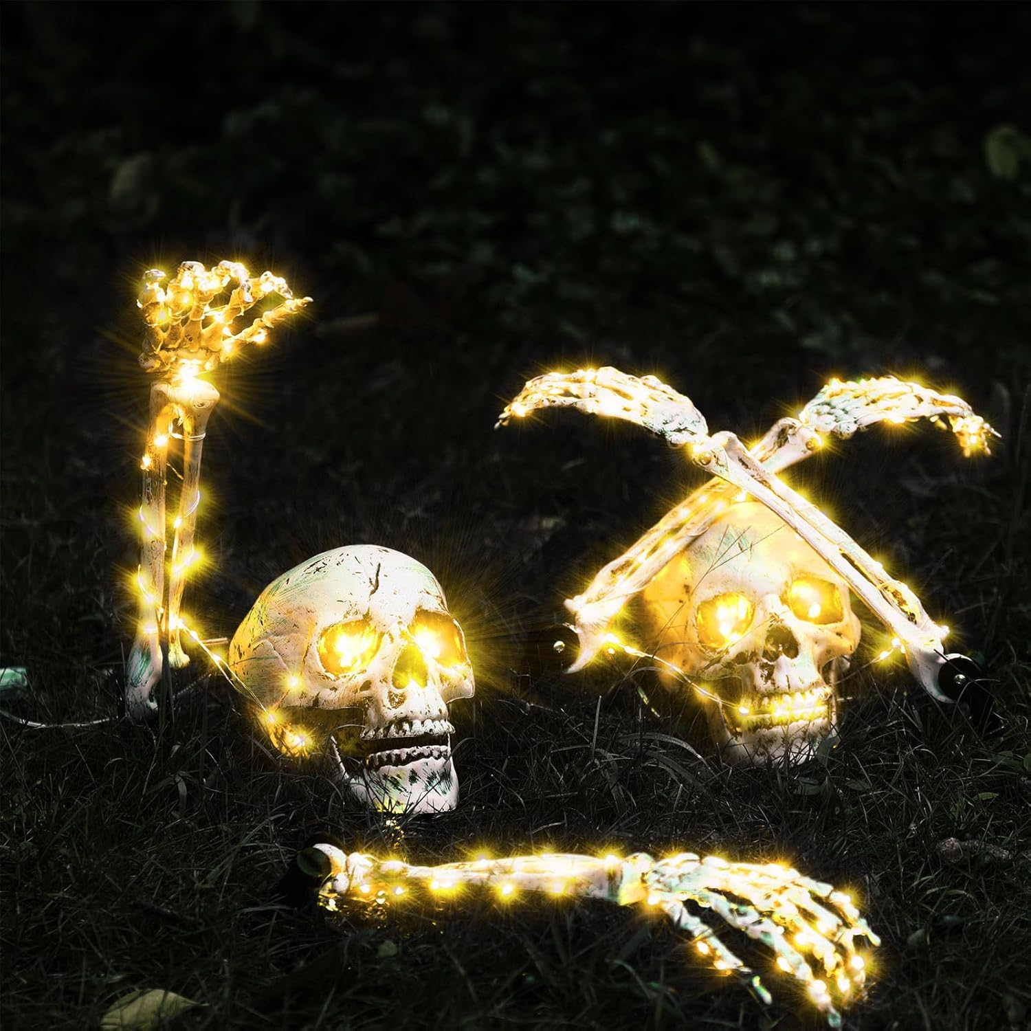 Decorative Garden Stakes - 6 Pcs Halloween LED Skeleton Skull Hands Halloween Skeleton Decoration Stakes Glowing Skeleton Arm Stakes with Lights LED Halloween Skull and Arms for Halloween Indoor Outdoor Graveyard Decor (Yellow)