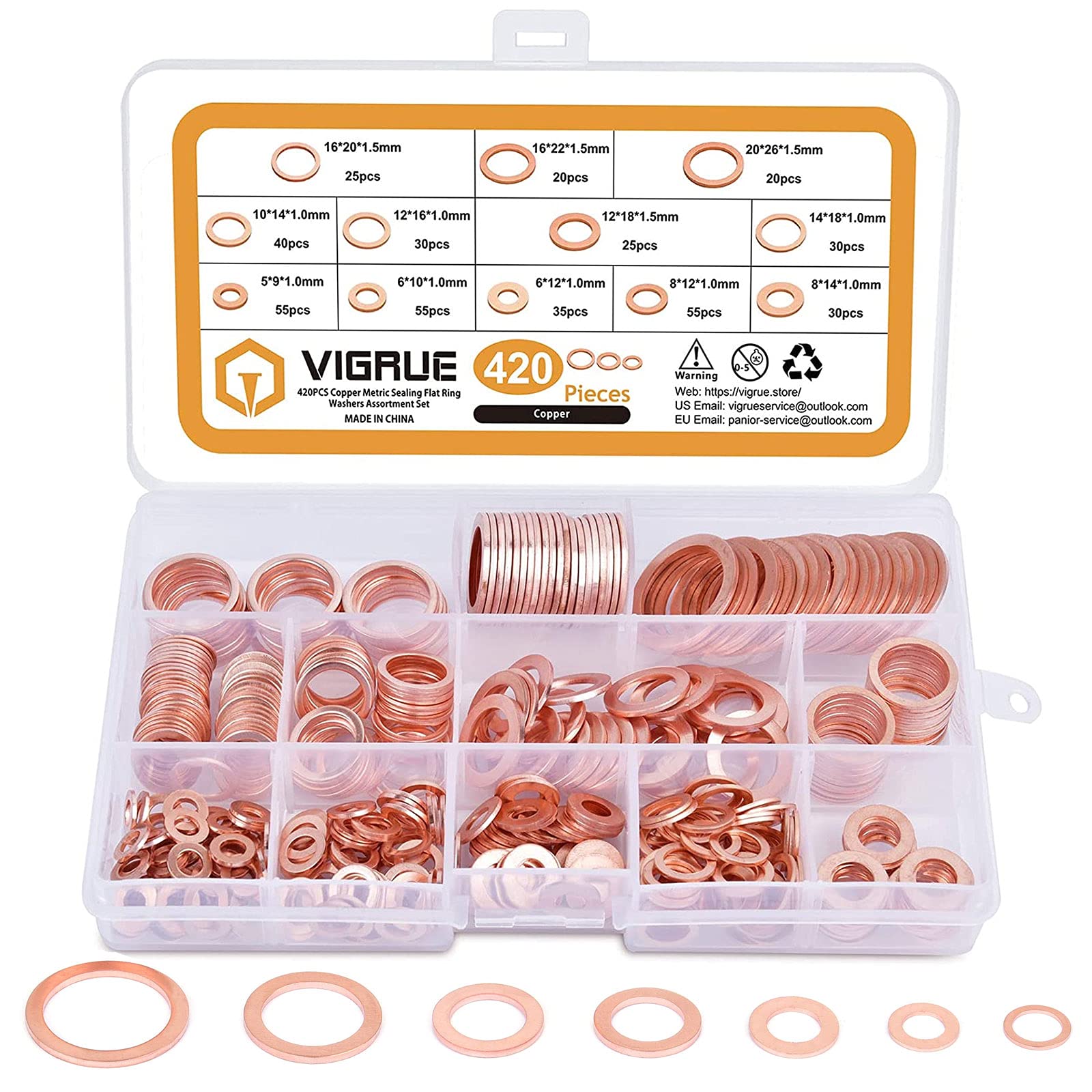 VIGRUE Set of 420 Copper Sealing Rings Assortment, Washers Copper Washers Set Diameter 5/6/8/10/12/14/16/20 mm in Assortment Box