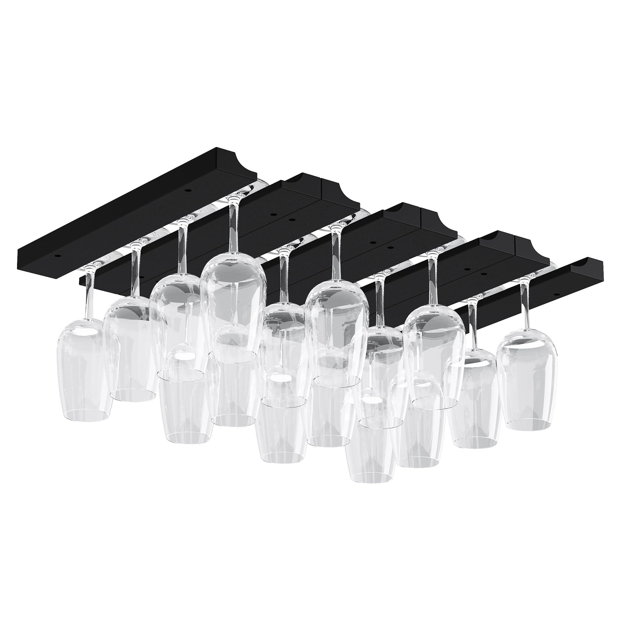 Hanging Under Cabinet Stemware Wine Glass Holder Rack , Adjustable Stemware Glass Storage Wood , Pack of 2 (Black)