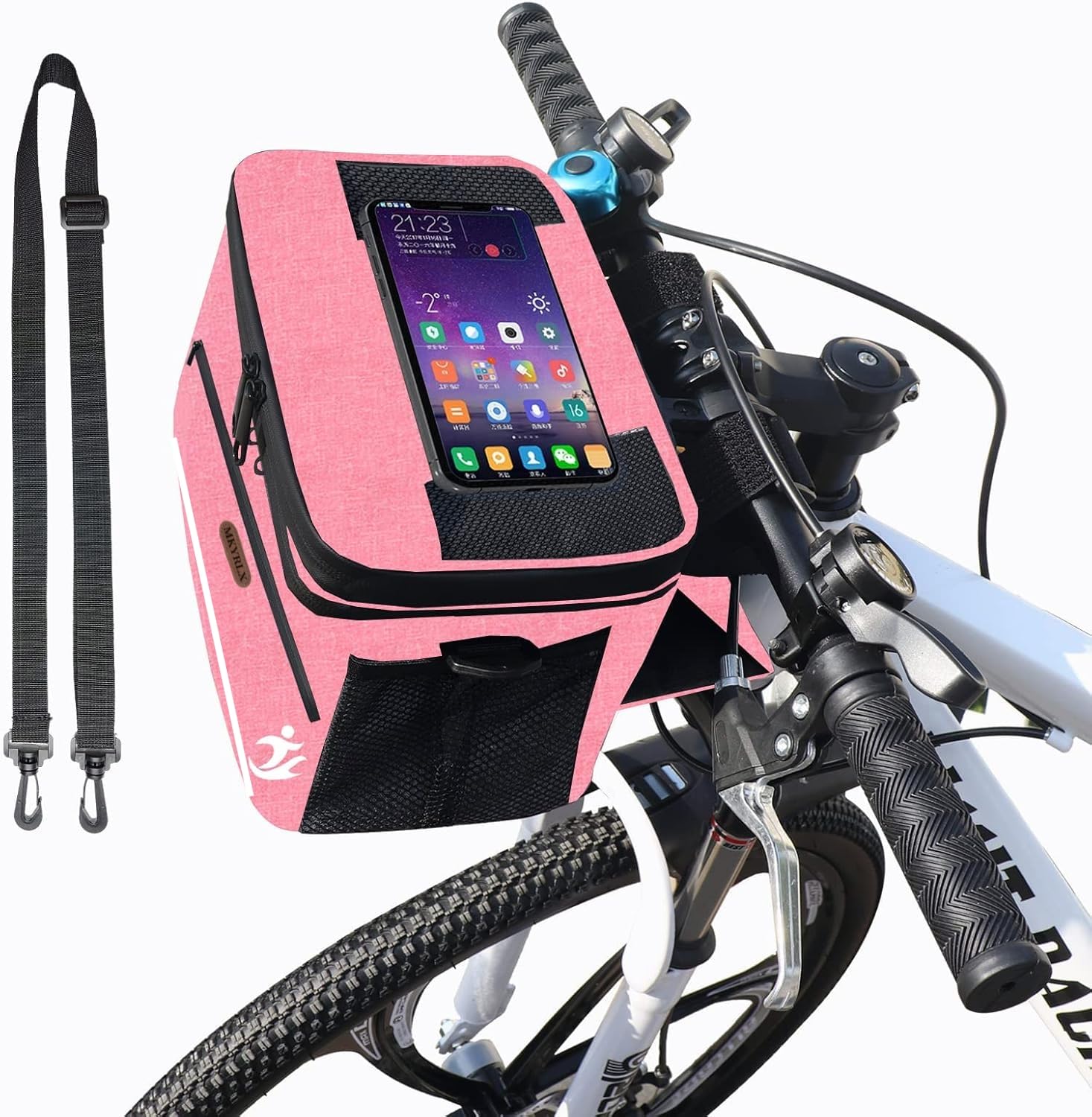 MKYRLX Handlebar Bag, Waterproof Cycling Front Bag with Touch Screen, Large Capacity Front Handlebar Bags with Shoulder Strap, for MTB, Road Bike,9.25 * 6.49 * 6.1 in (Pink)