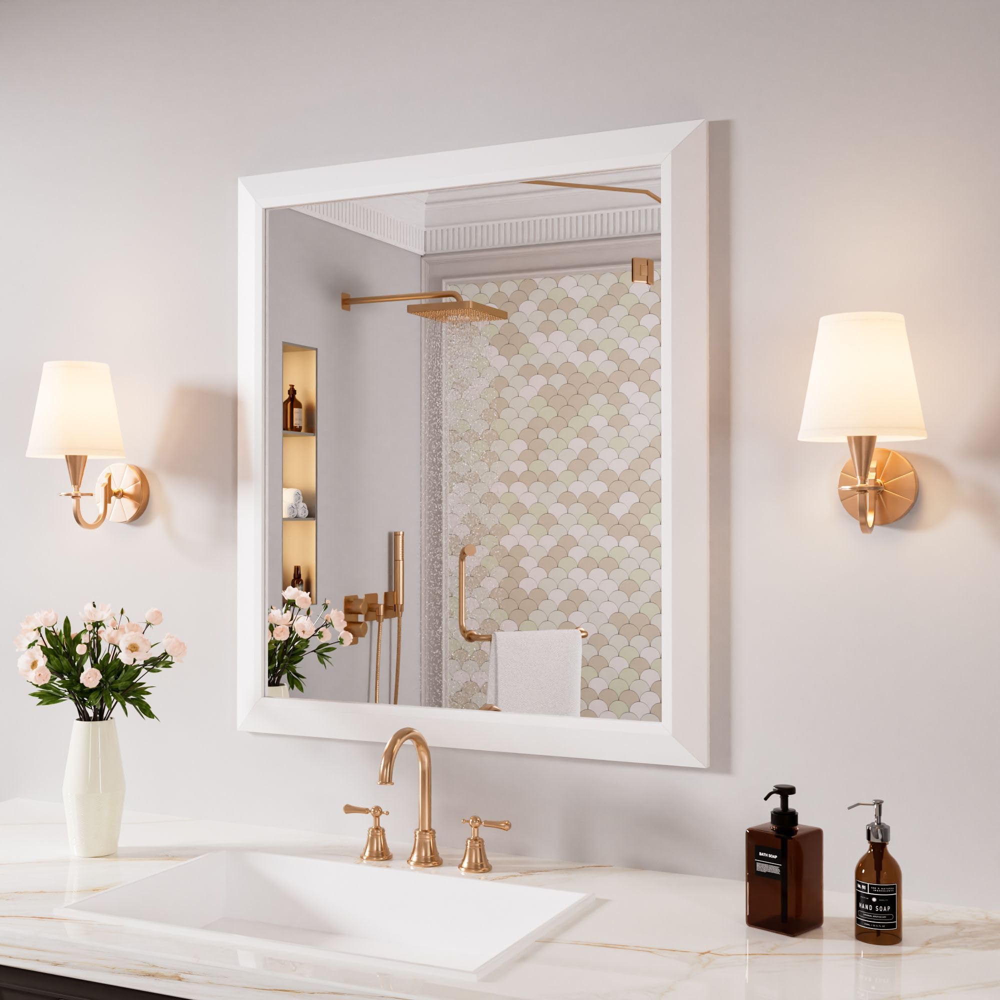 Amorho Bathroom Mirror, 28x32 Inch White Framed Bathroom Mirrors for Over Sink, Wall-Mounted Mirrors for Bedroom, Living Room, Entryway(Horizontal/Vertical). Image