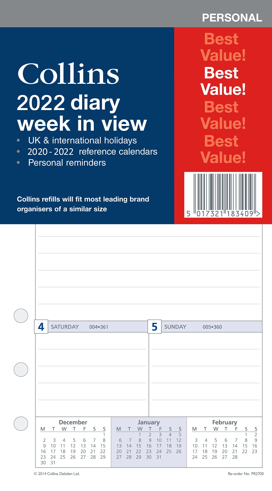 Collins 2022 Diary Week to View Refill for Personal Size (172mm x 96mm) 6 Ring Organiser