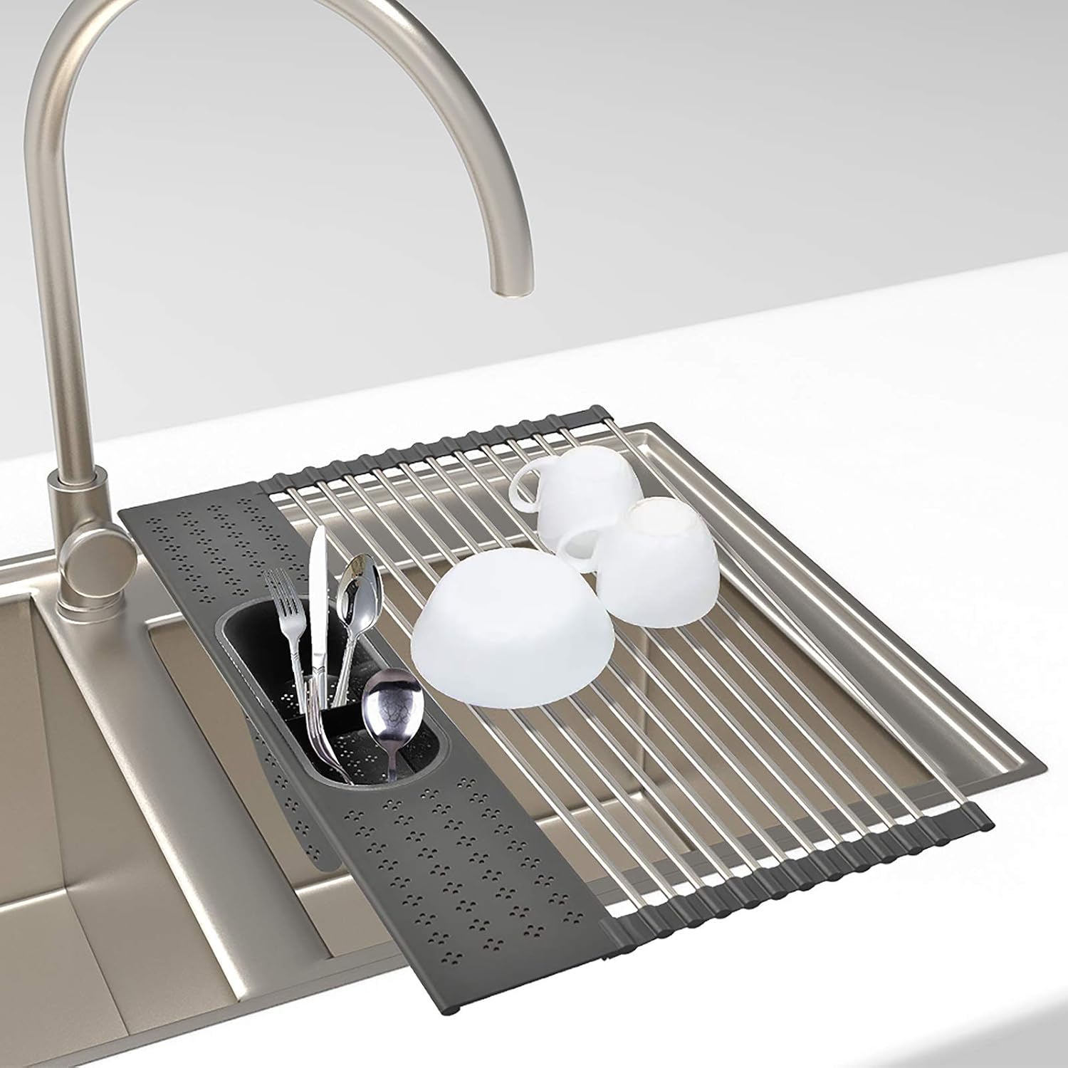 Naisicore Large Roll Up Dish Drying Rack (20'' x 11'') with Utensil Holder Foldable