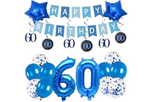 Pargleev 60th Birthday Party Decorations for Men Women in Blue Comprise Balloons with Swirl Decorations, A Happy Birthday Banner, A Set of 16-Inch "60" Numbers and Star Foil Balloons in Blue.