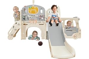 Virubi 9-in-1 Toddler Slide, Kids Slide with Bus Playhouse, Climber, Basketball Hoop, Ring Toss, Tunnel, Telescope and Storage Space, Slide for Toddlers Age 1+