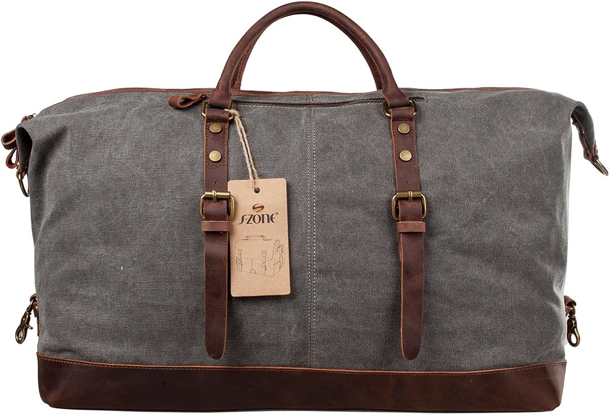  | S-ZONE Oversized Leather Canvas Duffel Shoulder Weekender Mens Overnight Bag | Sports Duffels