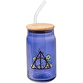 Silver Buffalo Harry Potter The Deathly Hallows Glass Tumbler with Bamboo Lid and Glass Straw, 16 Ounces