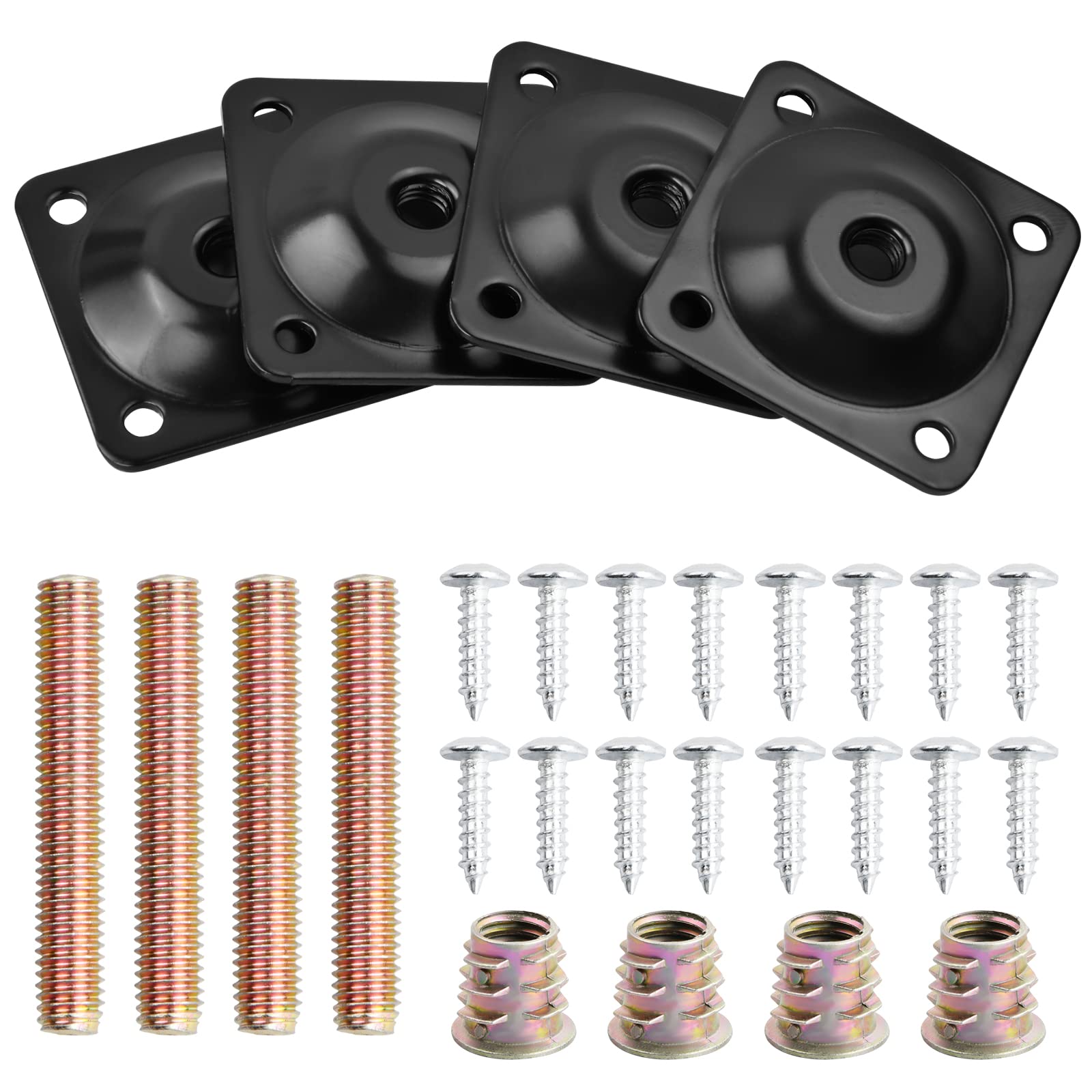 Catime 4 Sets Metal Leg Mounting Plates with Hanger Bolts Screws, Furniture Legs Attachment Plates, M8 Sofa Legs Fixing Brackets for Table Sofa Couches Chairs Furniture Legs (Black)