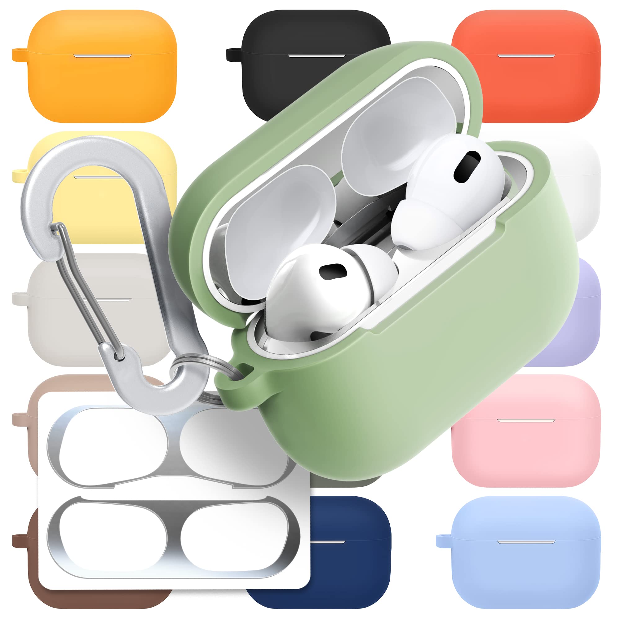 superdivision [3 in 1] AirPods Pro 2 Silicone Case + Anti-Lost Carabiner + Dust Guard Metal Film, Protective Cover with Keychain for Apple AirPods Pro 2 (2022) [Front LED Visible] (Artichoke)