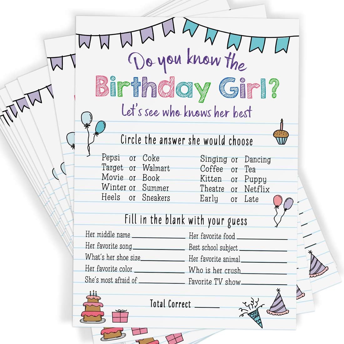 Amazon Com Birthday Girl Party Game Who Knows Her Best 25 Sheets Notebook Themed Party Activity And Idea Toys Games