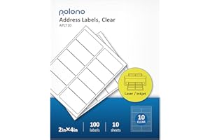 POLONO 2" x 4" Crystal Clear Address Labels, Shipping Address Labels for Inkjet & Laser Printers,Waterproof Label, Easy to Peel (100 Labels, 10 Sheets)