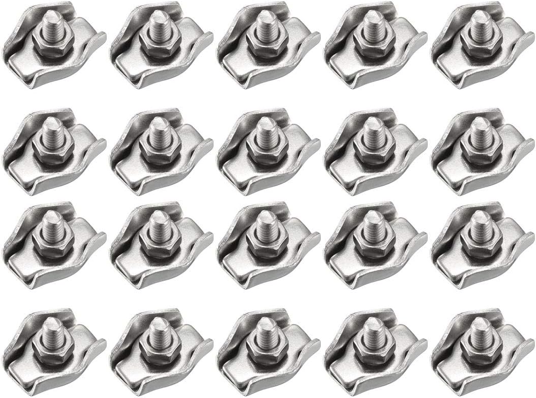 sourcing map 20 Pcs 304 Stainless Steel Single Wire Rope Clip Cable Clamp for 1.5mm-2mm Rope, 20pcs-1.5mm-2mm