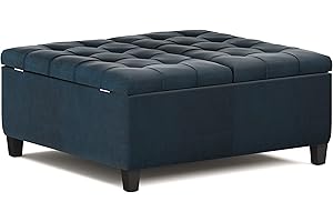 SIMPLIHOME Harrison 36 inch Wide Traditional Square Coffee Table Storage Ottoman in Distressed Dark Blue Vegan Faux Leather, Assembled, For the Living Room and Bedroom