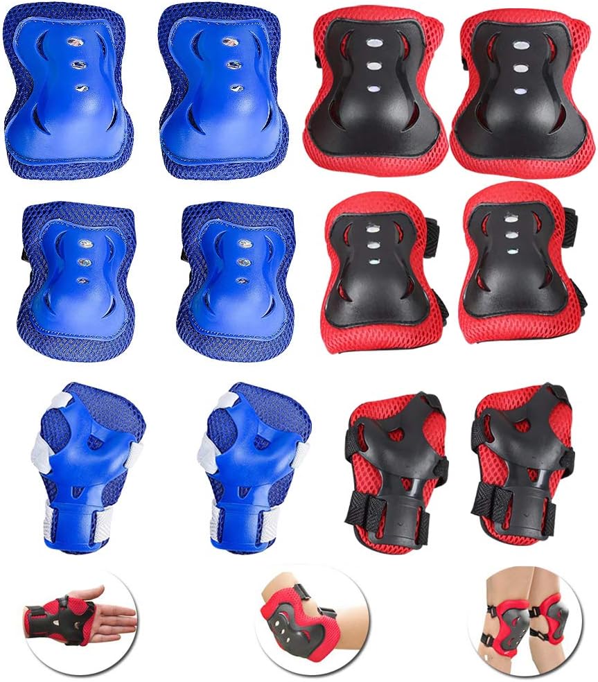 INTVN 12pcs Kids knee pads Set, Protective Gear Knee Elbow Pads with Adjustable Wrist Guards Toddler Children Protection Safety for Rollerblading BMX Bike Bicycle(red and blue)