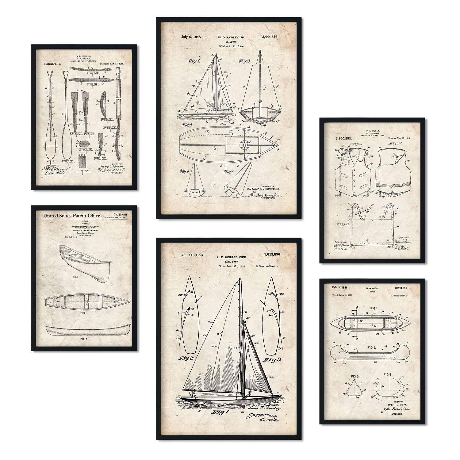 Nacnic Set of 6 Boat patent prints. Posters with retro patent illustrations for your home, shop, office... Vintage style interior decoration. A4 and A3 sizes. No frame.