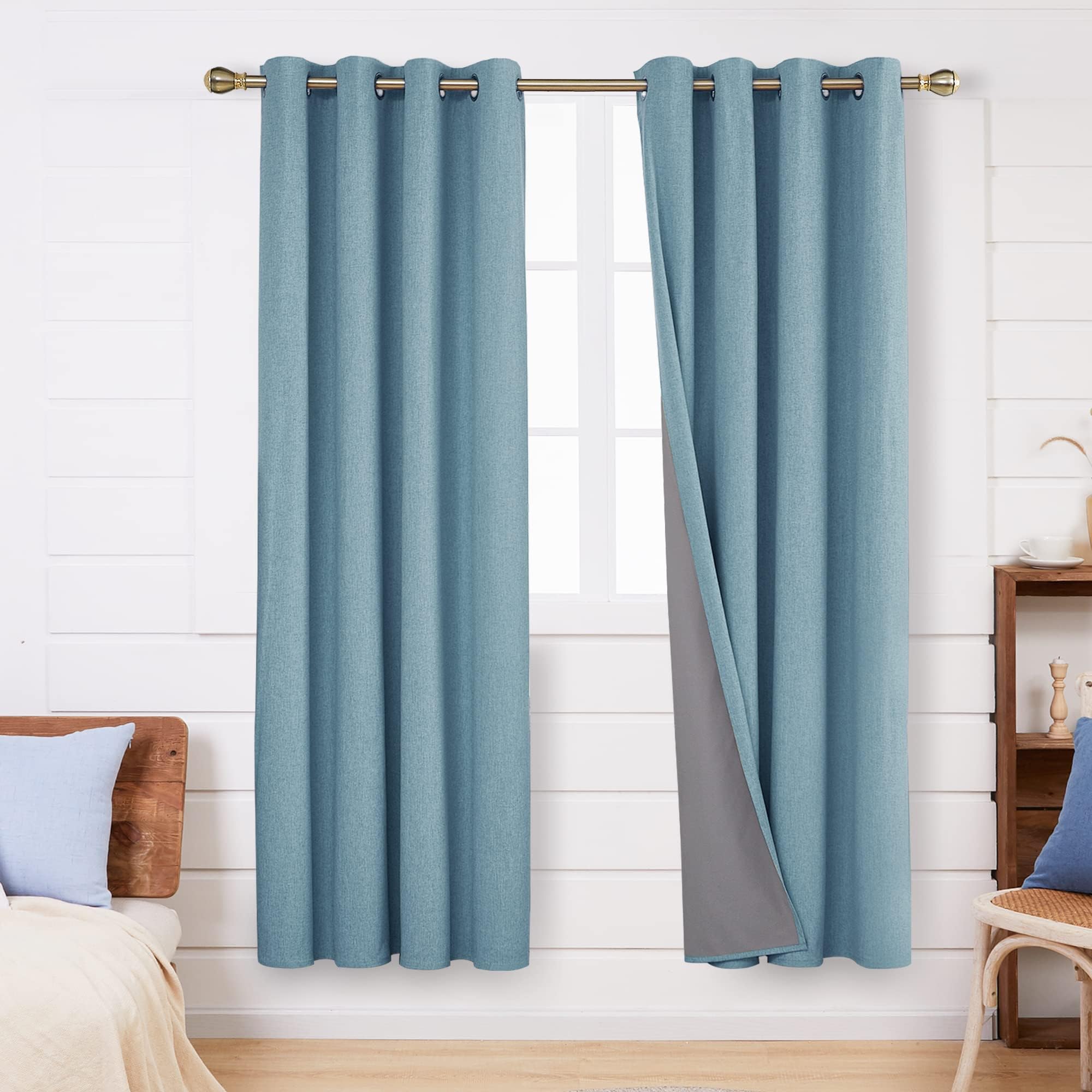 Deconovo Linen Look Window Treatment Thermal Insulated Ring Top Bedroom Blackout Curtains with Coating Back Layer for Girls 52 x 72 Inch Blue Grey Set of 2