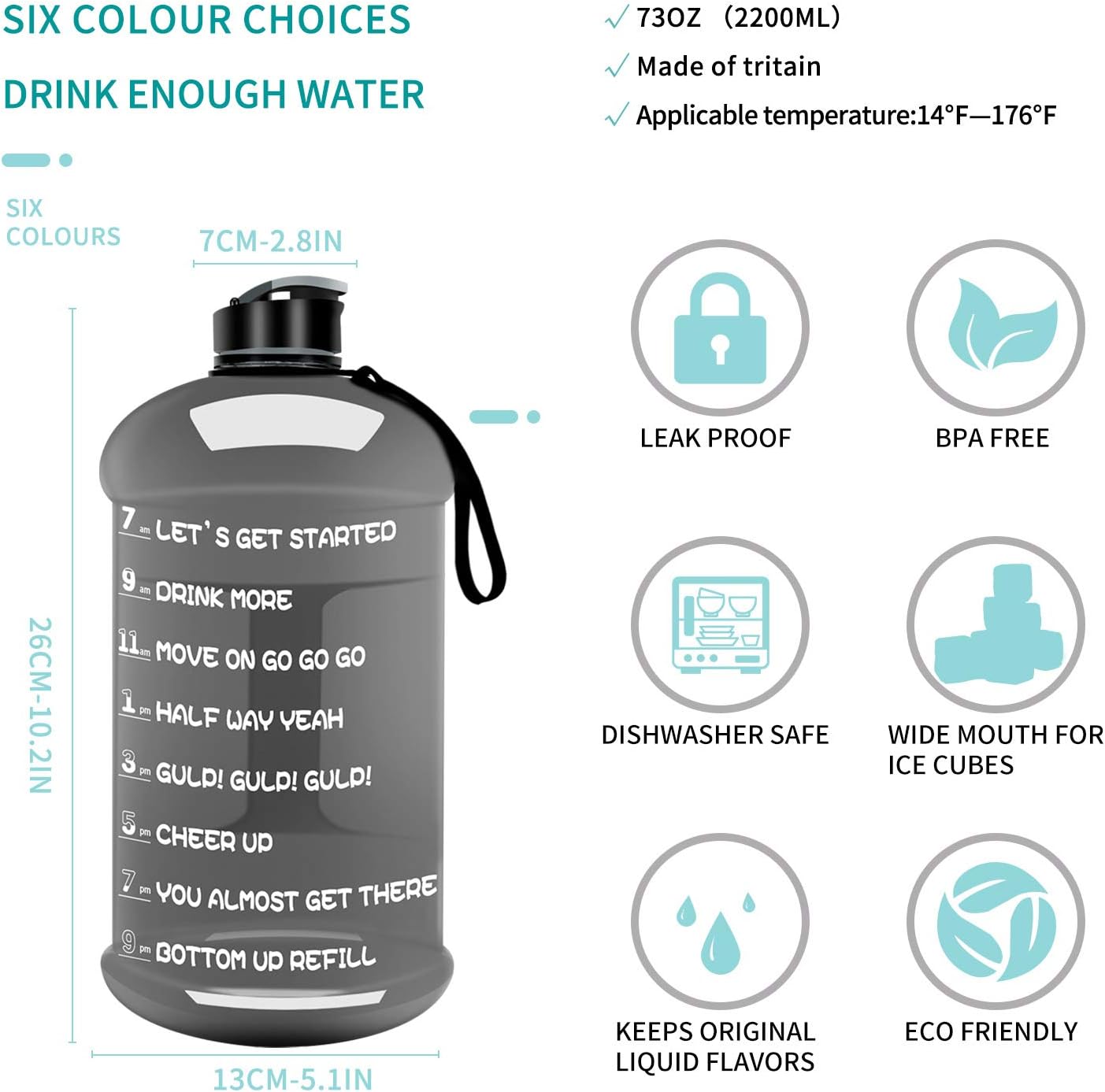 TOOFEEL Dishwasher Safe 2.2L Big Reusable Sports Water Bottle 75oz Half Gallon Water Jug with Mitivational Time Marker Container Large Capacity Canteen BPA Free Leak-Proof for Gym Fitness Athletic