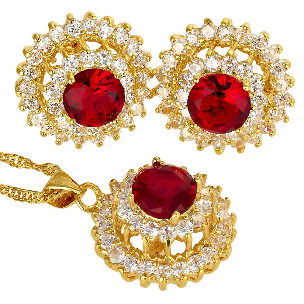 RIZILIA Blossom Jewellery Set Pendant with 45cm(18") Chain & Stud Earrings Round Cut Gemstones CZ [Red Ruby] in 18K Yellow Gold Plated, Simple Modern Elegance