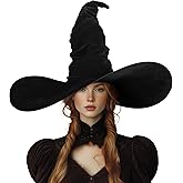 VZQI Witch Hat Halloween Witches Hat Black Witch Hats for Women Adult Wizard 24-inch Large Ruched Hat