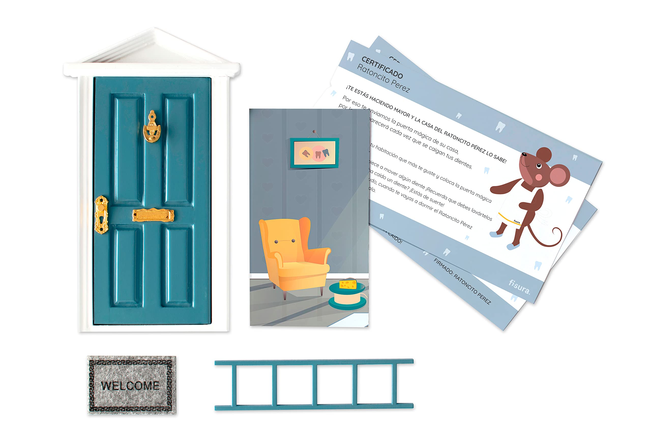 FISURA - Tooth Fairy Door with 3 Accessories and Greeting Card - Original Gift for Boys and Girls (Blue)